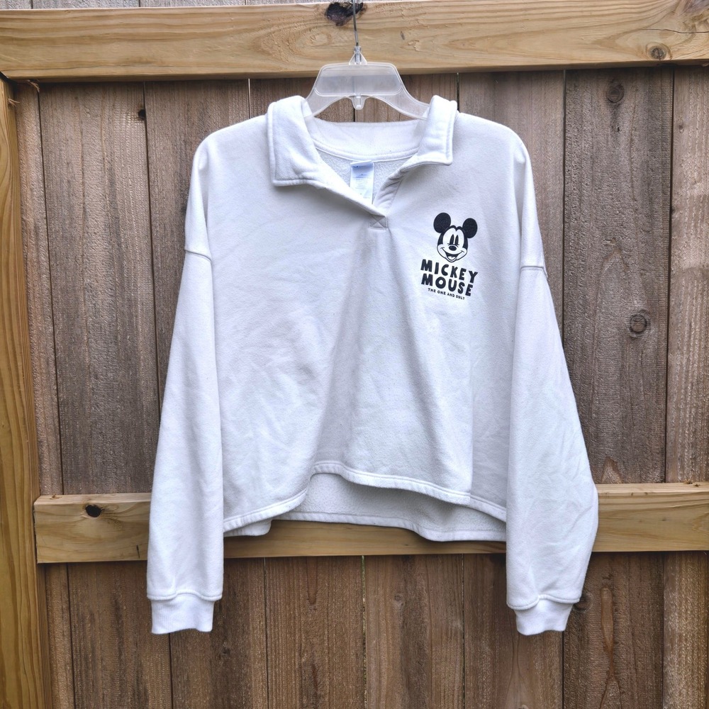 Disney Mickey Mouse Friends White Cropped Polo Sweatshirt Large 90's Y2K